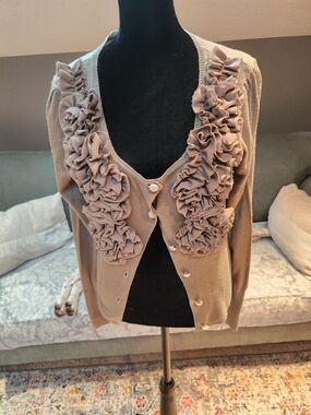 Ruffled Front Fitted Taupe Women's Cardigan Sweater Large